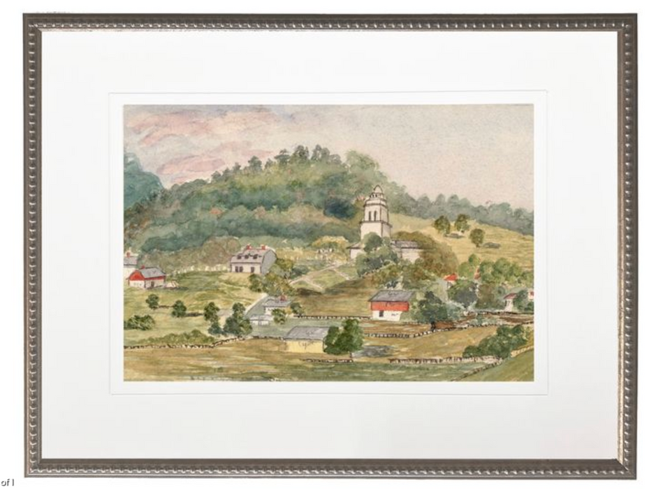 Art Print, Watercolor Town on Hillside