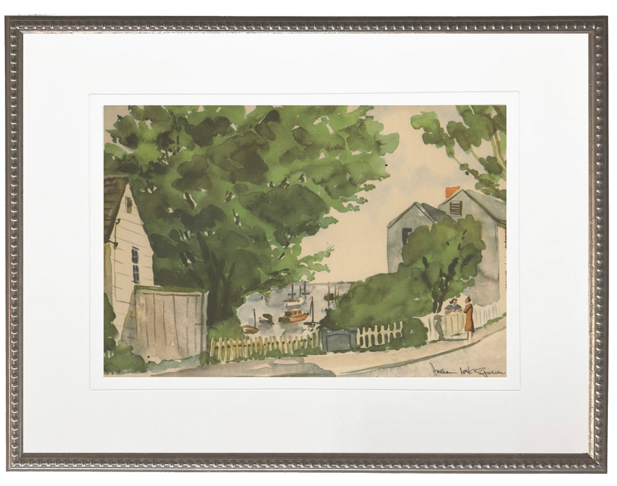 Art Print, Watercolor Summer Street and Lake View