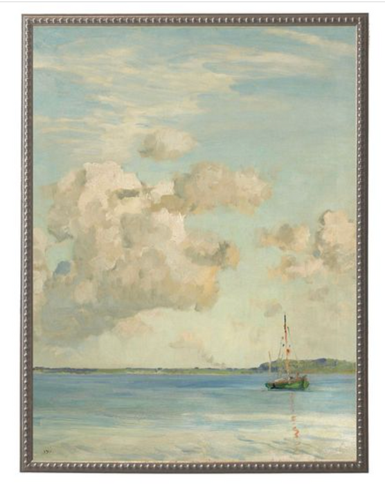 Art Print, Vintage Oil Painting of Ocean Scene with Boat