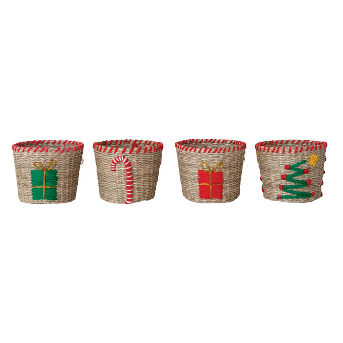 Hand-Woven Seagrass & Cotton Basket with Stitched Edge, 4 Styles