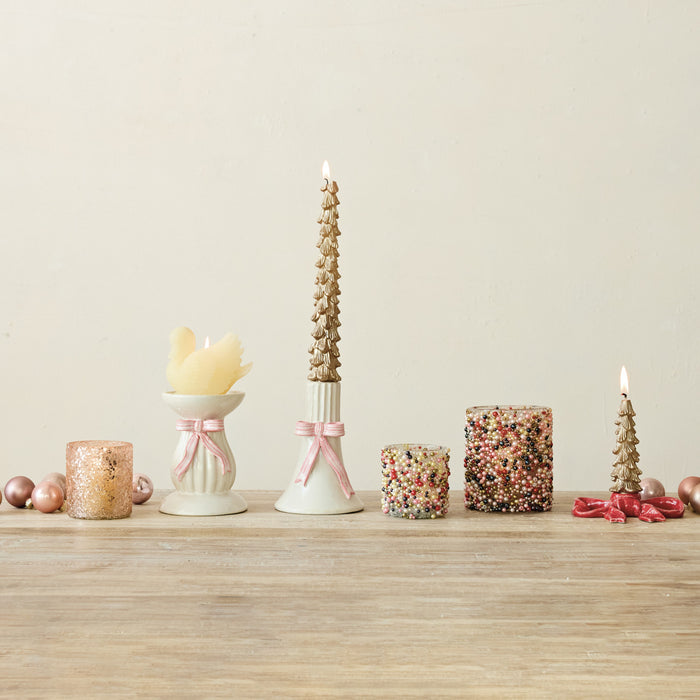 Fluted Pillar Holder with Bow, White & Pink