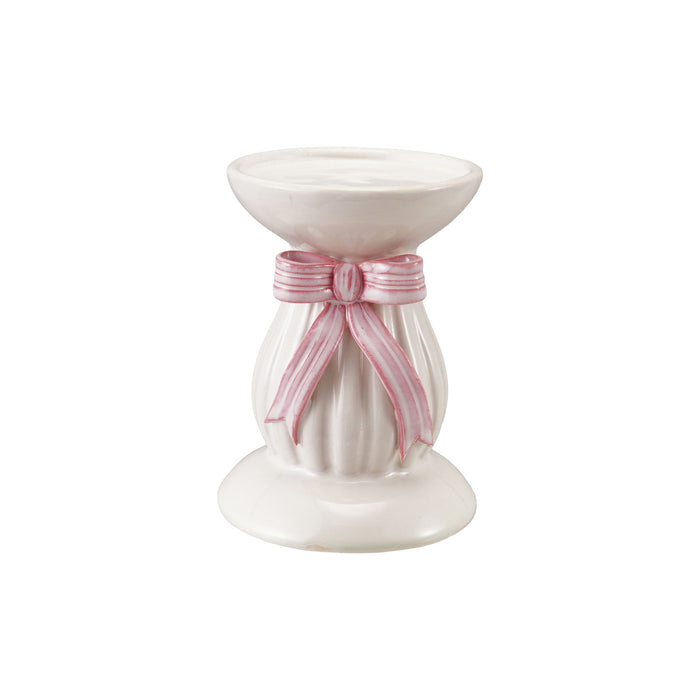 Fluted Pillar Holder with Bow, White & Pink