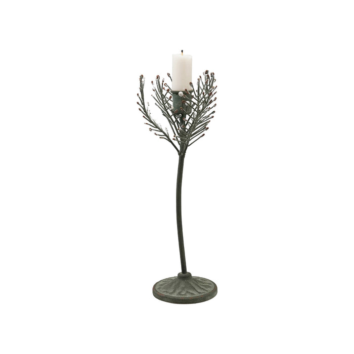 Painted Metal Pine Sprig Shaped Taper Holder, Green & White