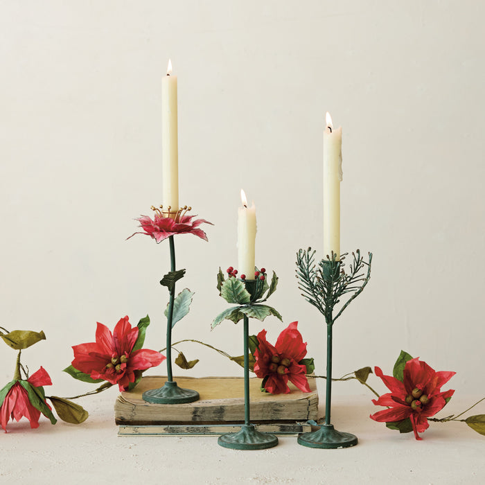 Painted Metal Pine Sprig Shaped Taper Holder, Green & White