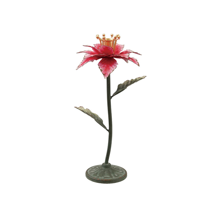Painted Metal Poinsettia Shaped Taper Holder, Gold Color, Green & Red