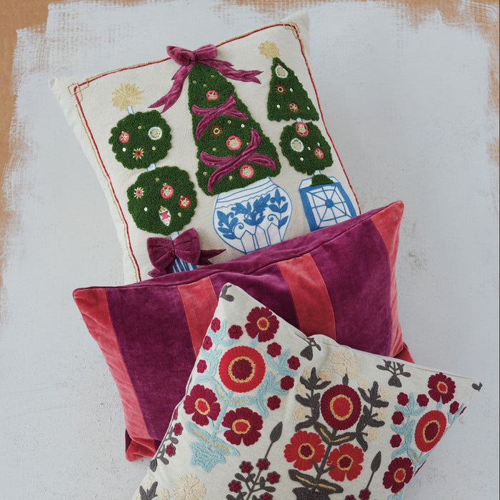 Throw Pillow, with Topiaries, Embroidery & Velvet Bows