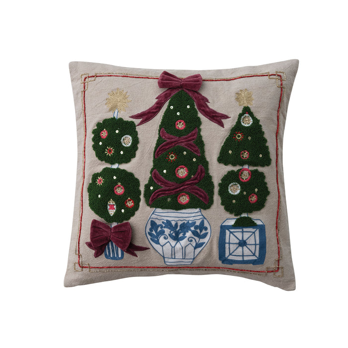Throw Pillow, with Topiaries, Embroidery & Velvet Bows