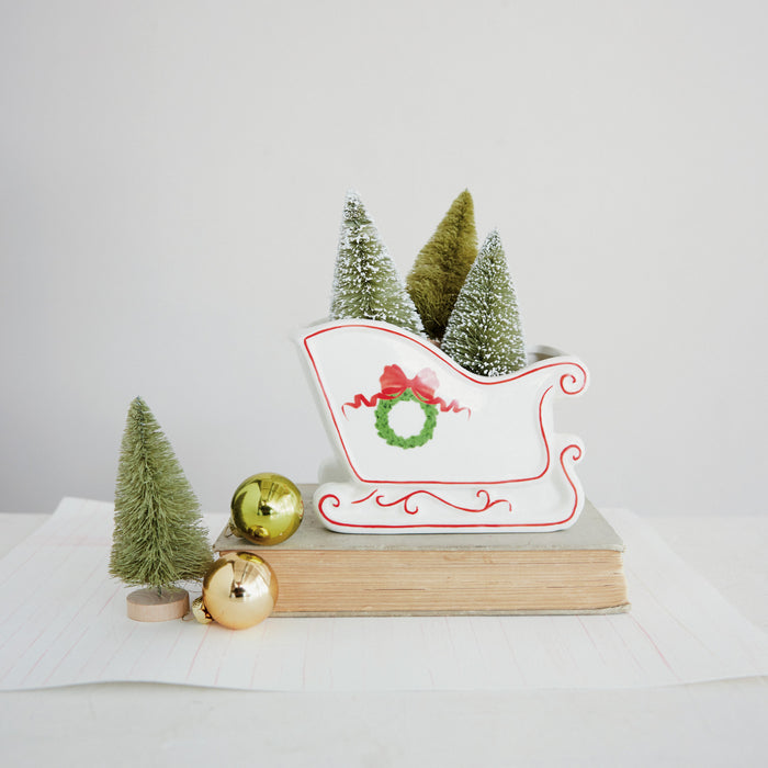 Stoneware Sled Shaped Container with Wreath & Bow