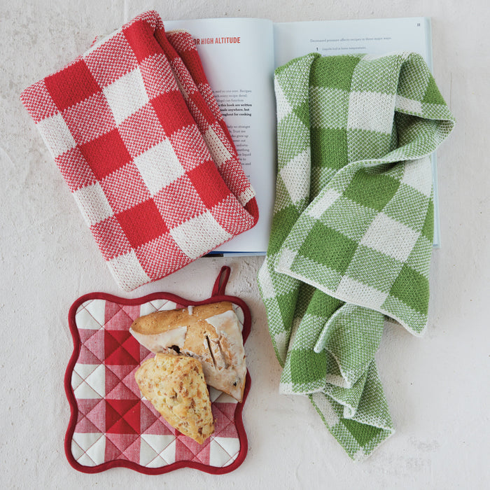 Cotton Knit Tea Towel with Buffalo Check Pattern, 2 Colors
