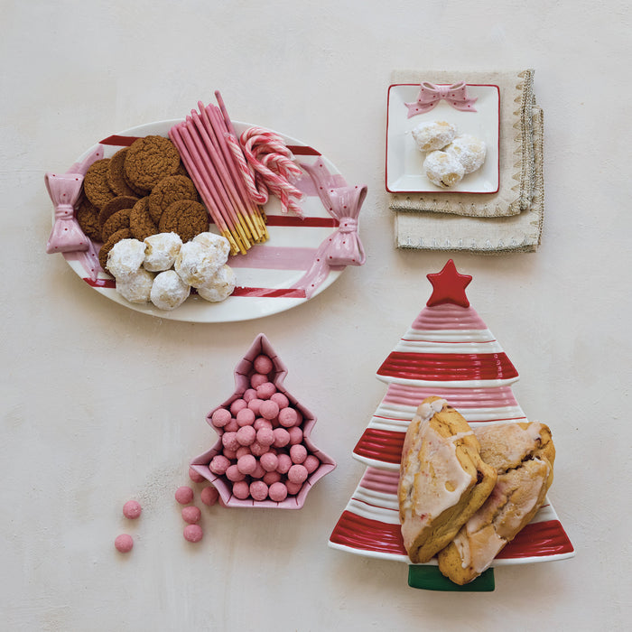 Stoneware Striped Platter with Polka Dot Bow Shaped Handles