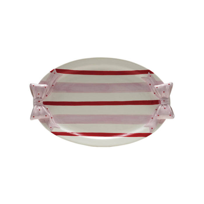 Stoneware Striped Platter with Polka Dot Bow Shaped Handles