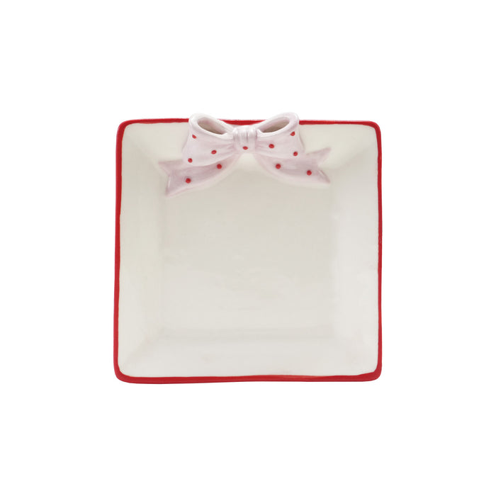 Stoneware Dish with 3D Polka Dot Bow & Colored Edge, White