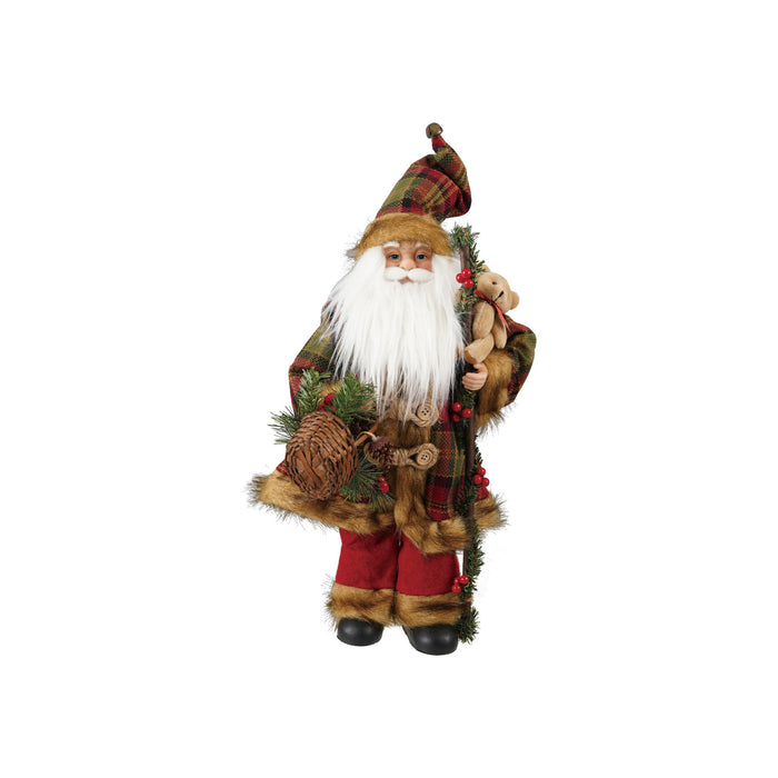 Fabric & Faux Fur Santa with Plaid Pattern Bear & Basket