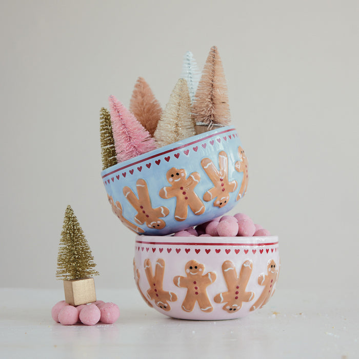 Hand-Painted Stoneware Bowl w/ Gingerbread Pattern, 2 Colors