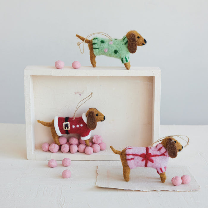 Wool Felt Dachshund in Sweater Ornament, 3 Styles