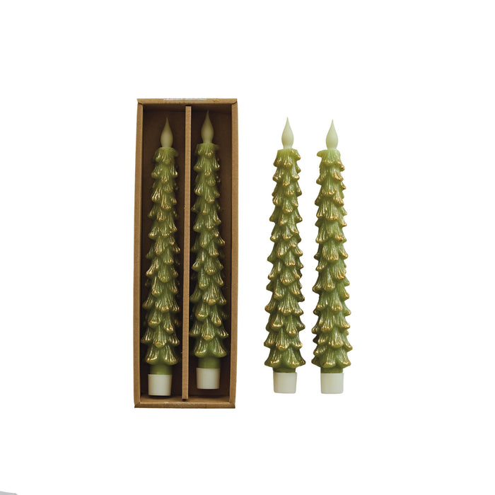 Flameless LED Tree Shaped Taper Candles with 6 Hour Timer & Gold Tips in Box, Set of 2