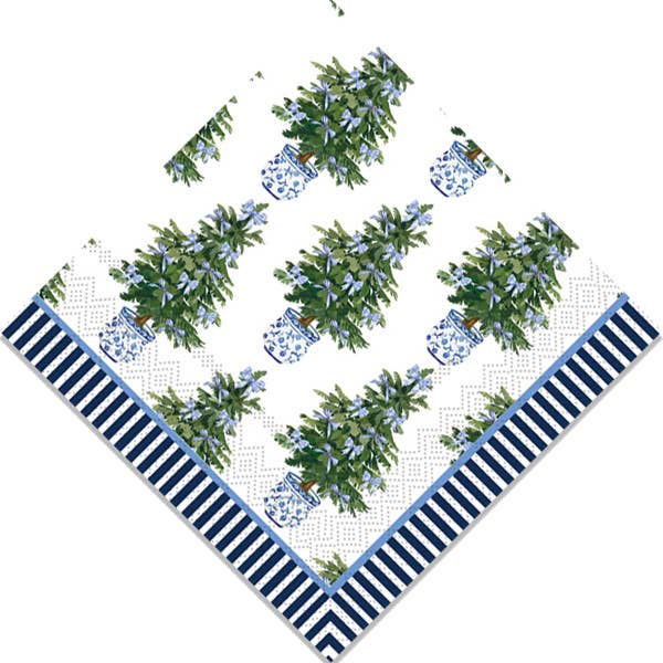 Paper Cocktail Napkins, Blue Bows Christmas Trees
