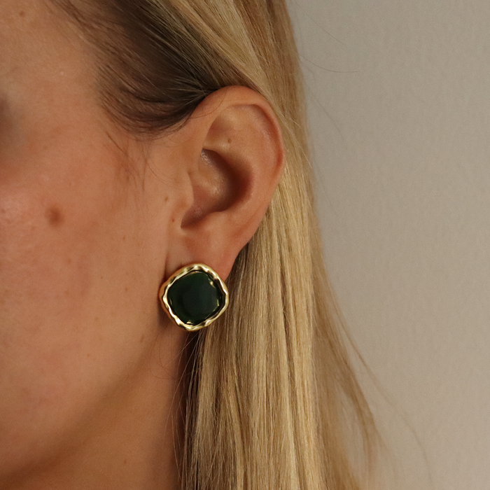 Earrings, Bezel Gem Studs, Emerald Green