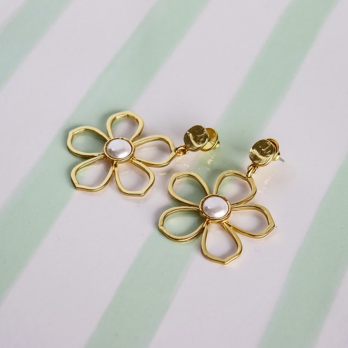 Flower and Pearl Stud Earrings - 24K Gold Plated