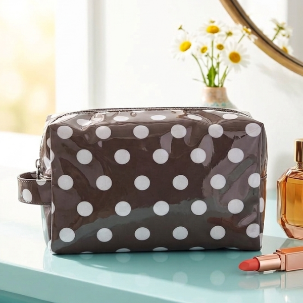 Polka Dot Cosmetic Bag, Brown w/White