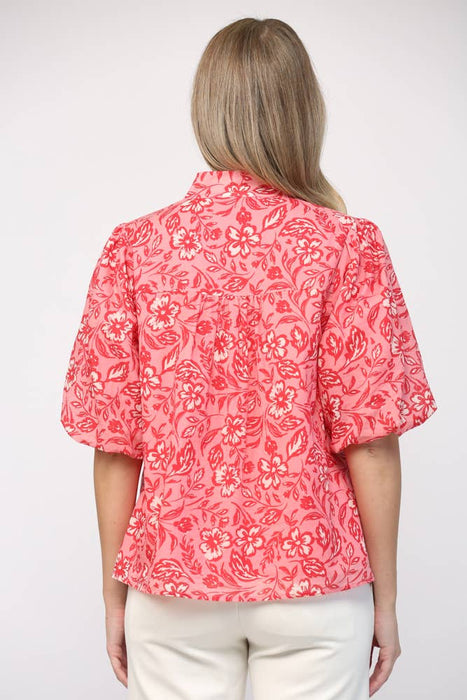 Floral Pint Blouse with Split Neck and Puff Sleeve