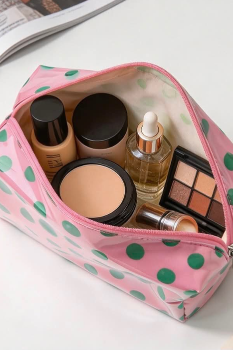 Polka Dot Cosmetic Bag, White w/Green