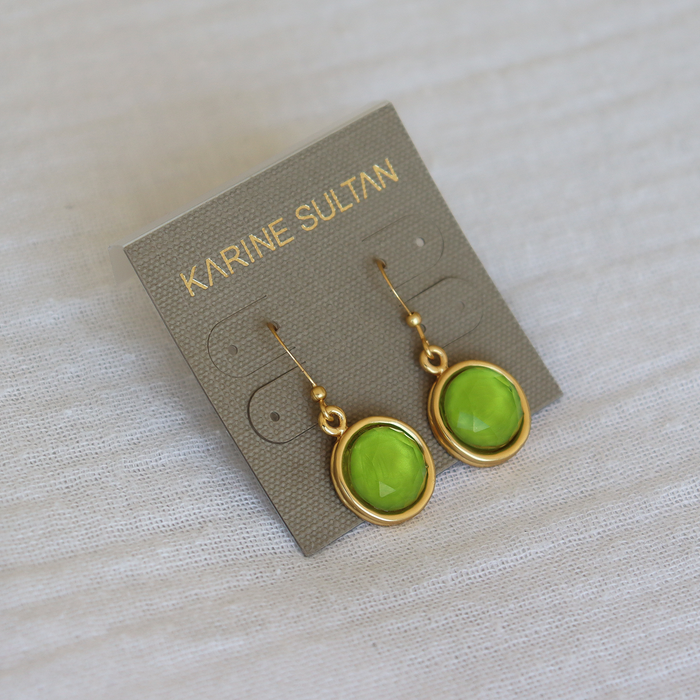 Cabochon Gem Dangle Earrings - 24K Gold Plated