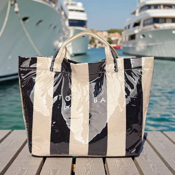 Tote Bag, Black and Beige Striped