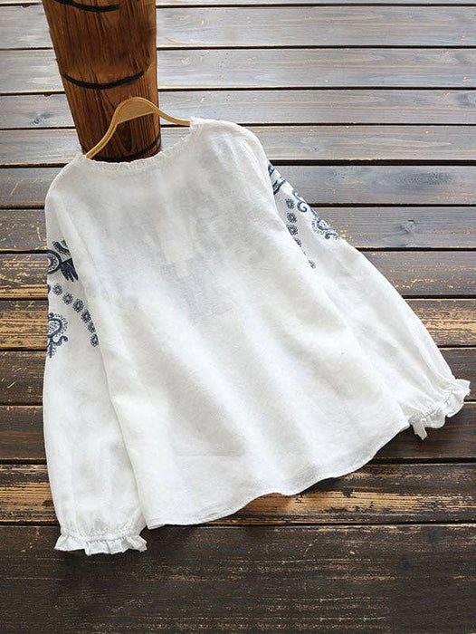 Blouse, Embroidered Detail Long Sleeved, White