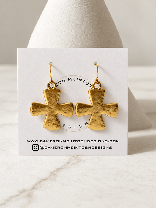 Rustic Gold Square Cross Dangle Earrings