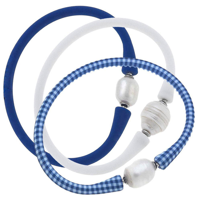 Bali Freshwater Pearl Silicone Bracelet Stack of 3 in Gingham Blue, White & Royal Blue