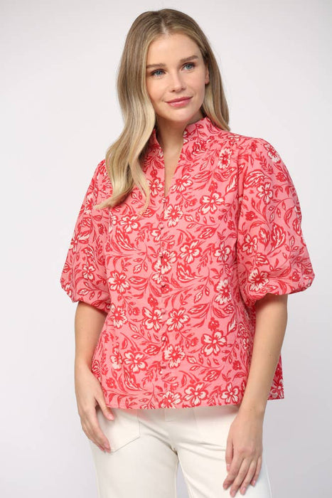 Floral Pint Blouse with Split Neck and Puff Sleeve