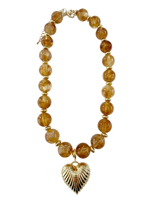 Lucas Beaded Necklace with Gold Heart Pendant -Tortoise