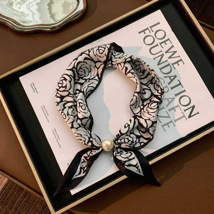 Magnetic Pearl Neck Scarf, Blk White Rose