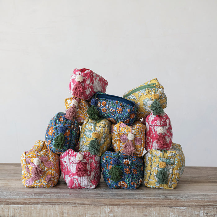 Quilted Cotton Zip Pouch, 3 Sizes, 4 Colors