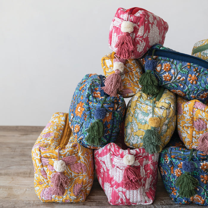 Quilted Cotton Zip Pouch, 3 Sizes, 4 Colors