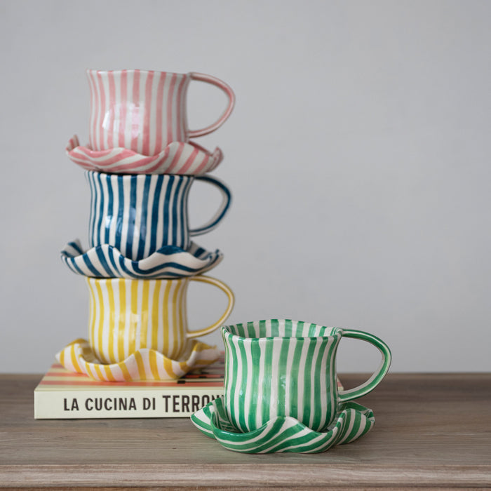 Hand-Painted Mug with Ruffled Saucer, 4 Colors