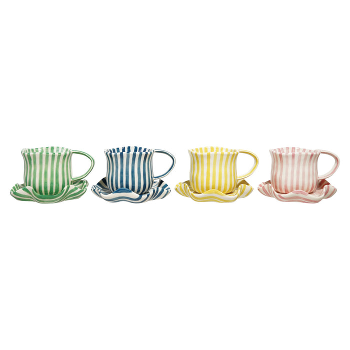 Hand-Painted Mug with Ruffled Saucer, 4 Colors