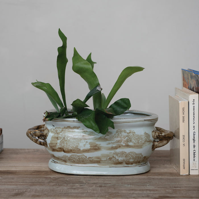 Hand-Painted Stoneware Vintage Reproduction Planter with Landscape