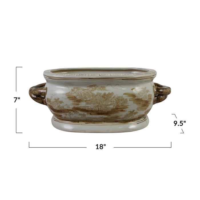 Hand-Painted Stoneware Vintage Reproduction Planter with Landscape