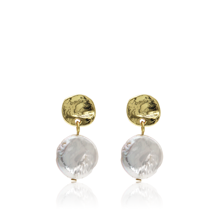 Earrings, Elegant Coin Studs with Flat Pearl Drop