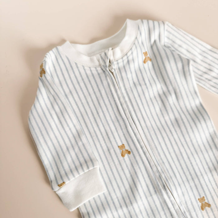 Layette Organic Zipper Romper, Teddy Bear Blue