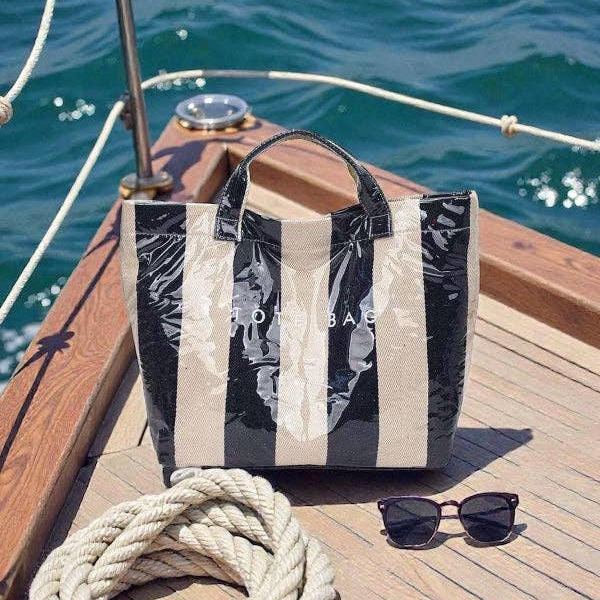 Tote Bag, Navy and Beige Striped