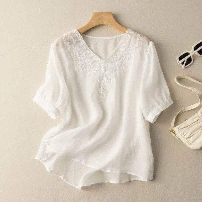 Cotton Linen Short-Sleeve Blouse, White