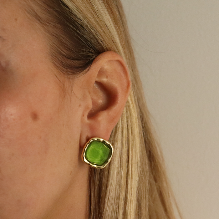 Earrings, Bezel Gem Stud, Apple Green