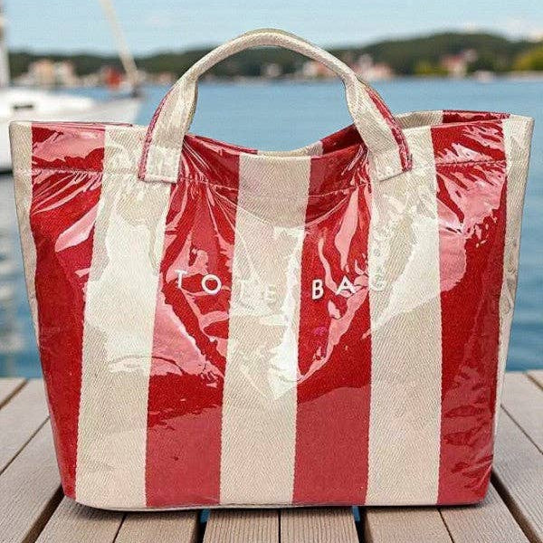 Tote Bag, Red and Beige Striped
