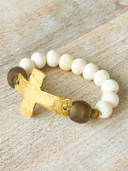 Rustic Gold Cross, Bone and Glass Bead Stretch Bracelet