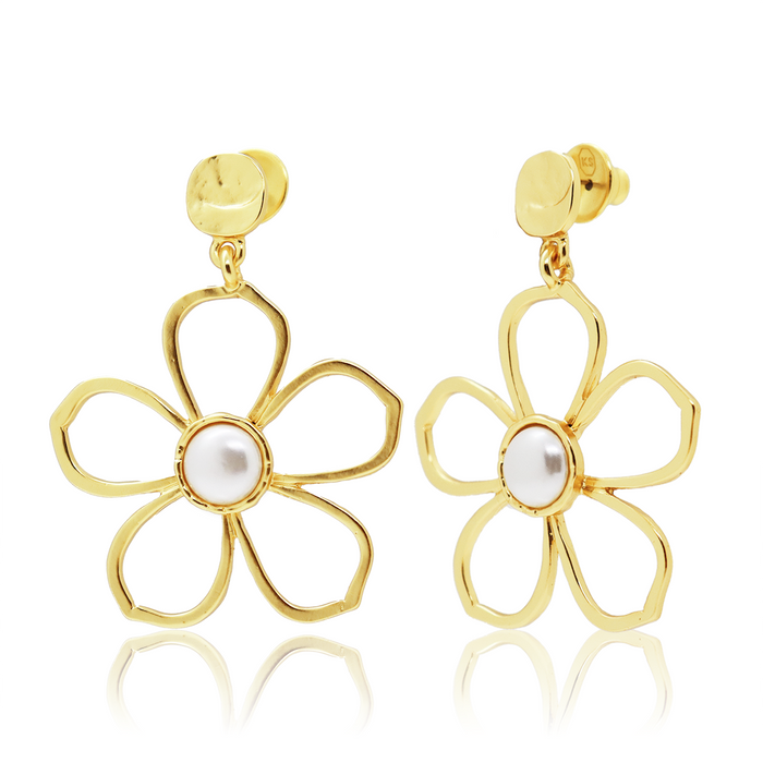 Flower and Pearl Stud Earrings - 24K Gold Plated