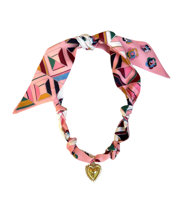 Flower Child scarf necklace: Retro pink w/French bee