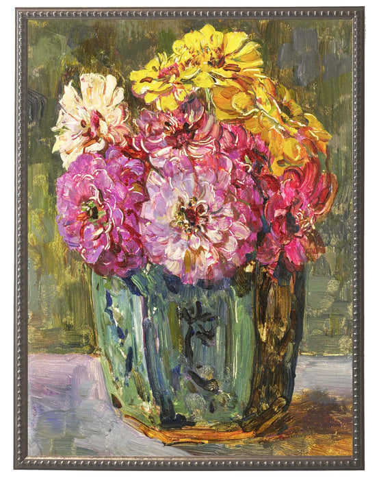 Art Print, Vintage Zinnias Oil Painting
